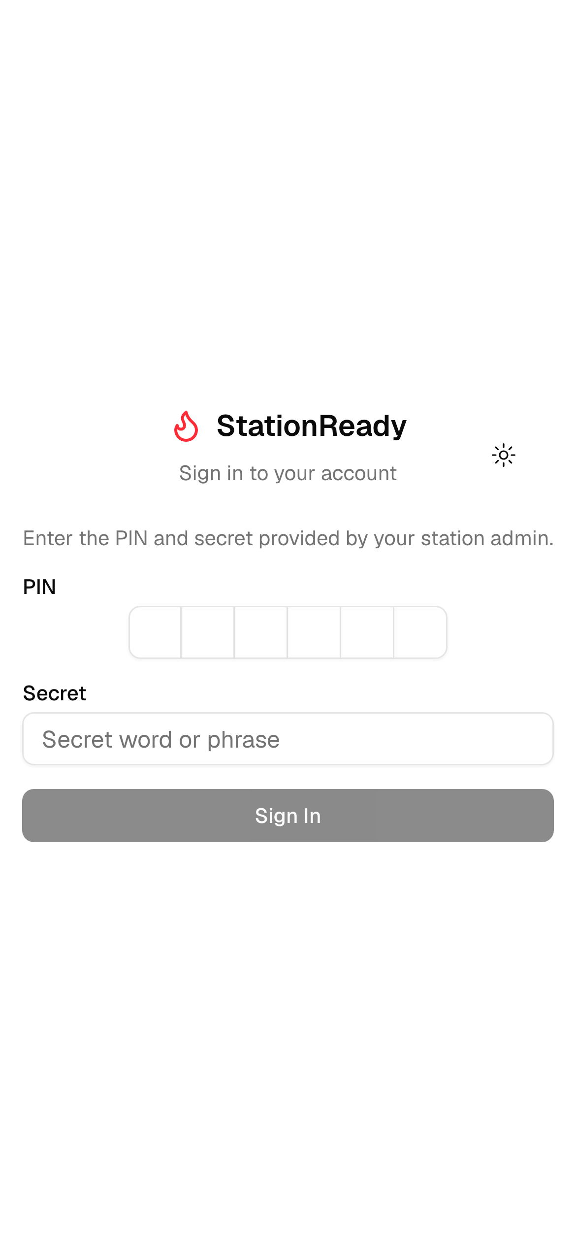 PIN and secret word sign-in screen
