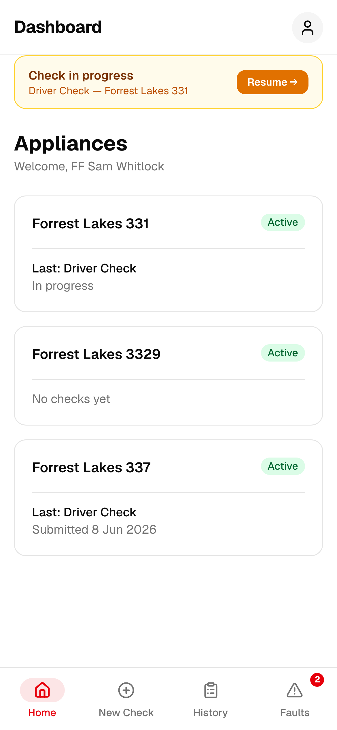 Appliance dashboard showing each truck and its last check