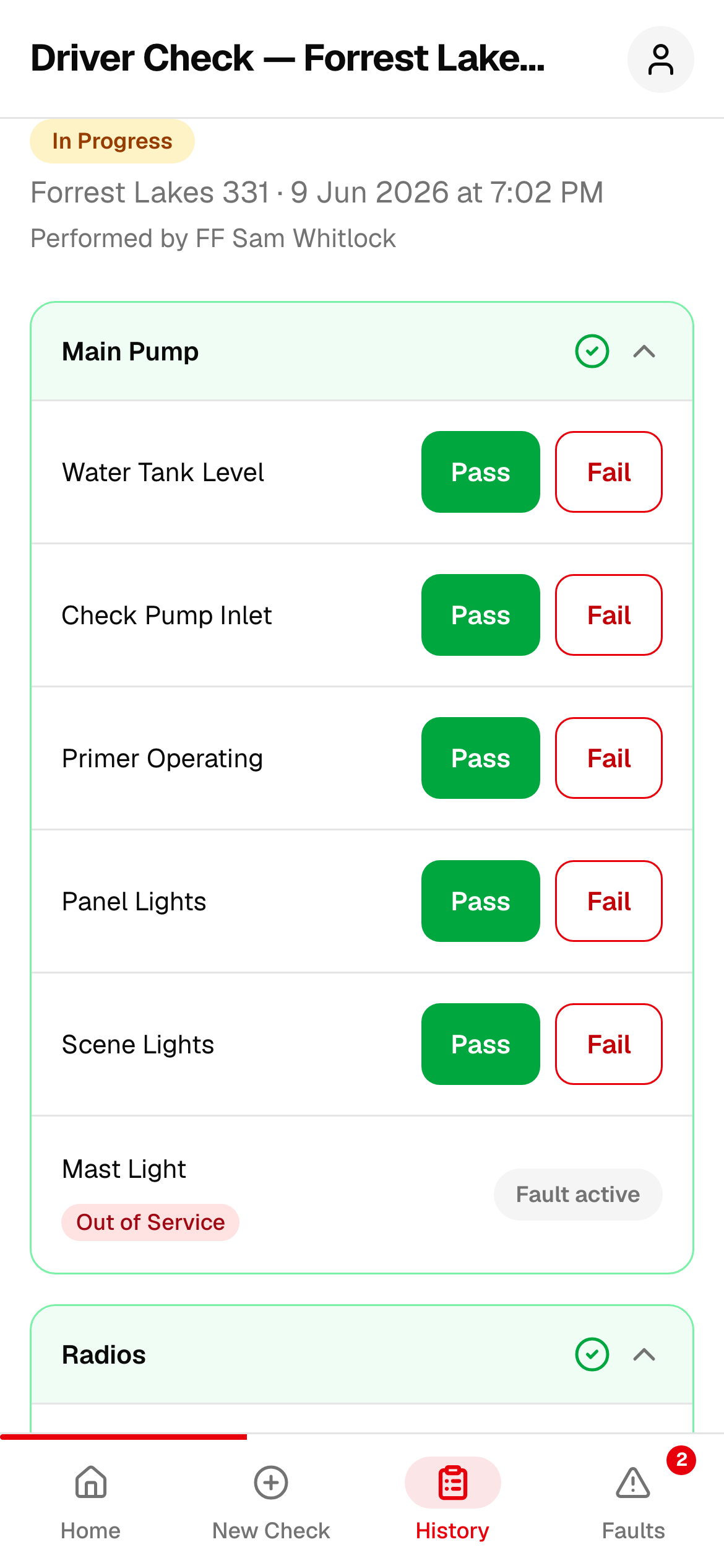 Driver check list grouped by locker with Pass and Fail buttons