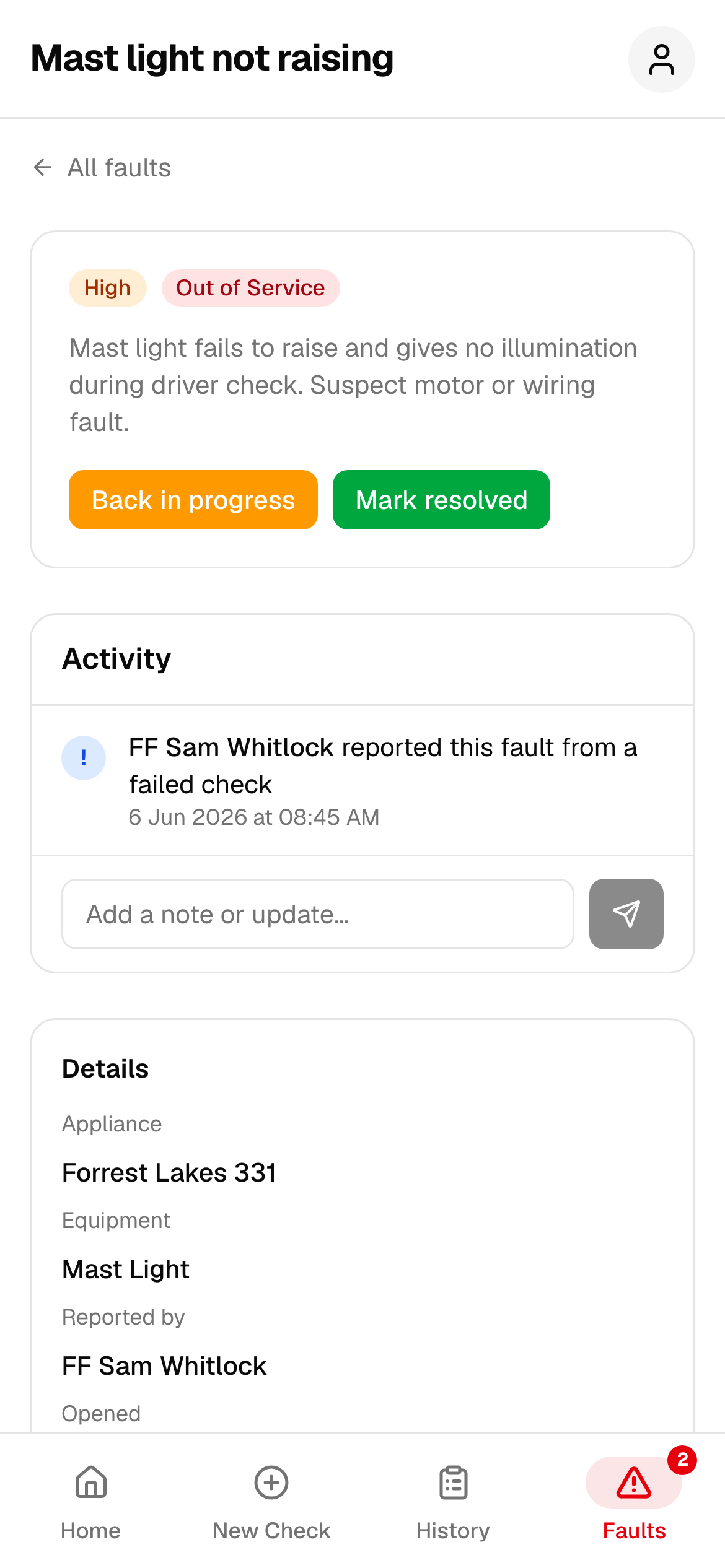 Fault detail with severity, activity trail, and resolution actions