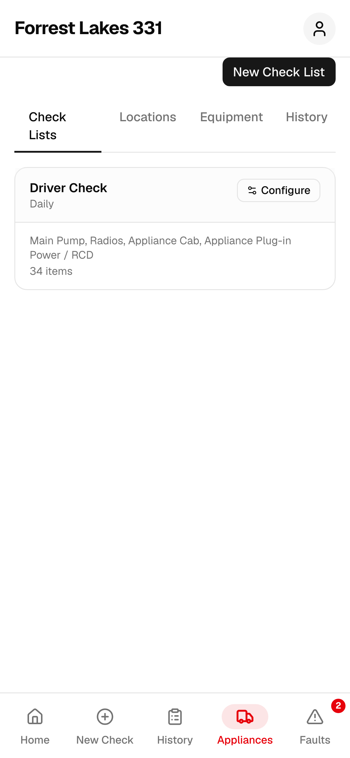 Appliance setup screen showing lockers and equipment